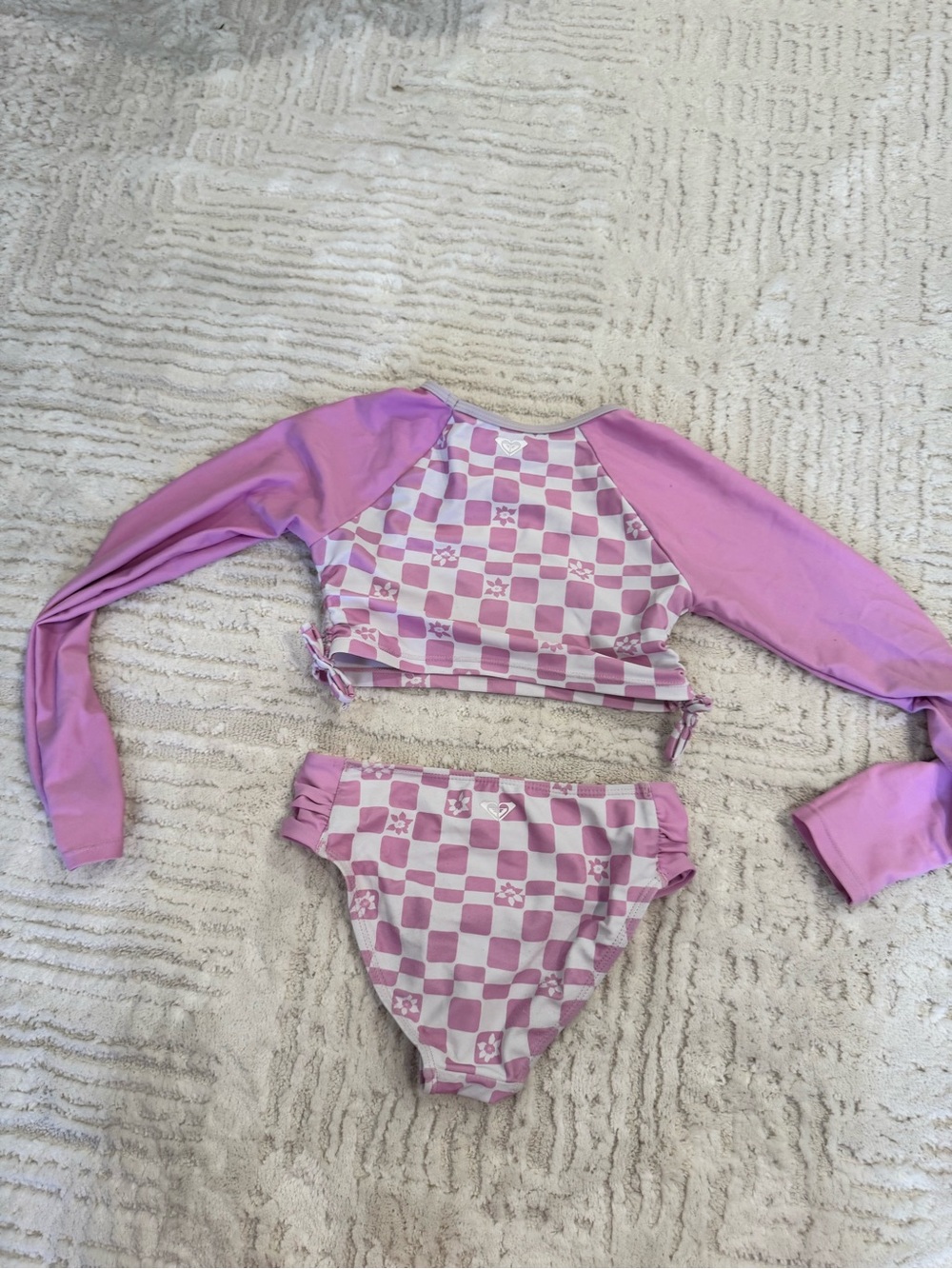 Pink Roxy Checkerboard Two-Piece Girls 7 Rash Guard Swimsuit Set - Picture 2 of 4